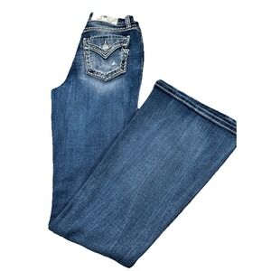 Miss Me High Rise Flare Border Stitches Flap Embroidered Women Jeans Size 27/34